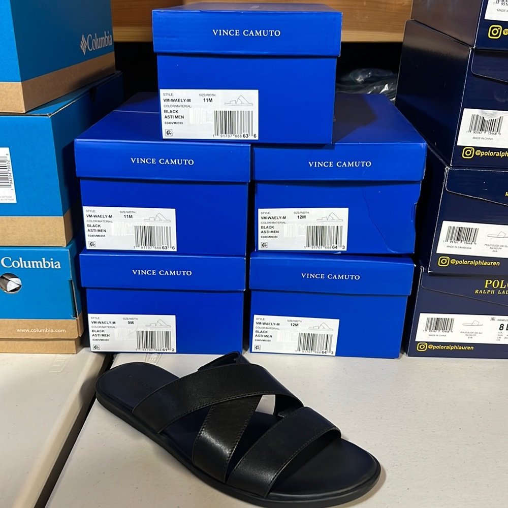 Vince Camuto Men’s BLACK Waely Criss Cross Slide Leather Upper Sandal NEW NIB